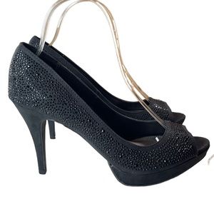 Fergalicious Black Rhinestone Peep-Toe Heels